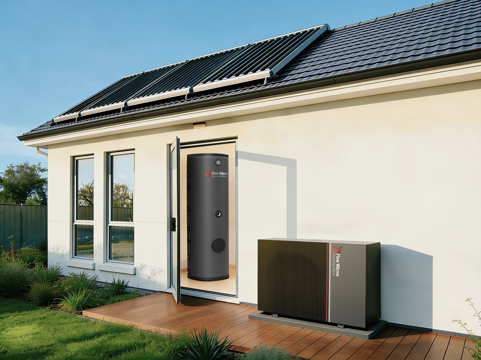 Flow Wärme DHW Tank with heat pump and solar panels