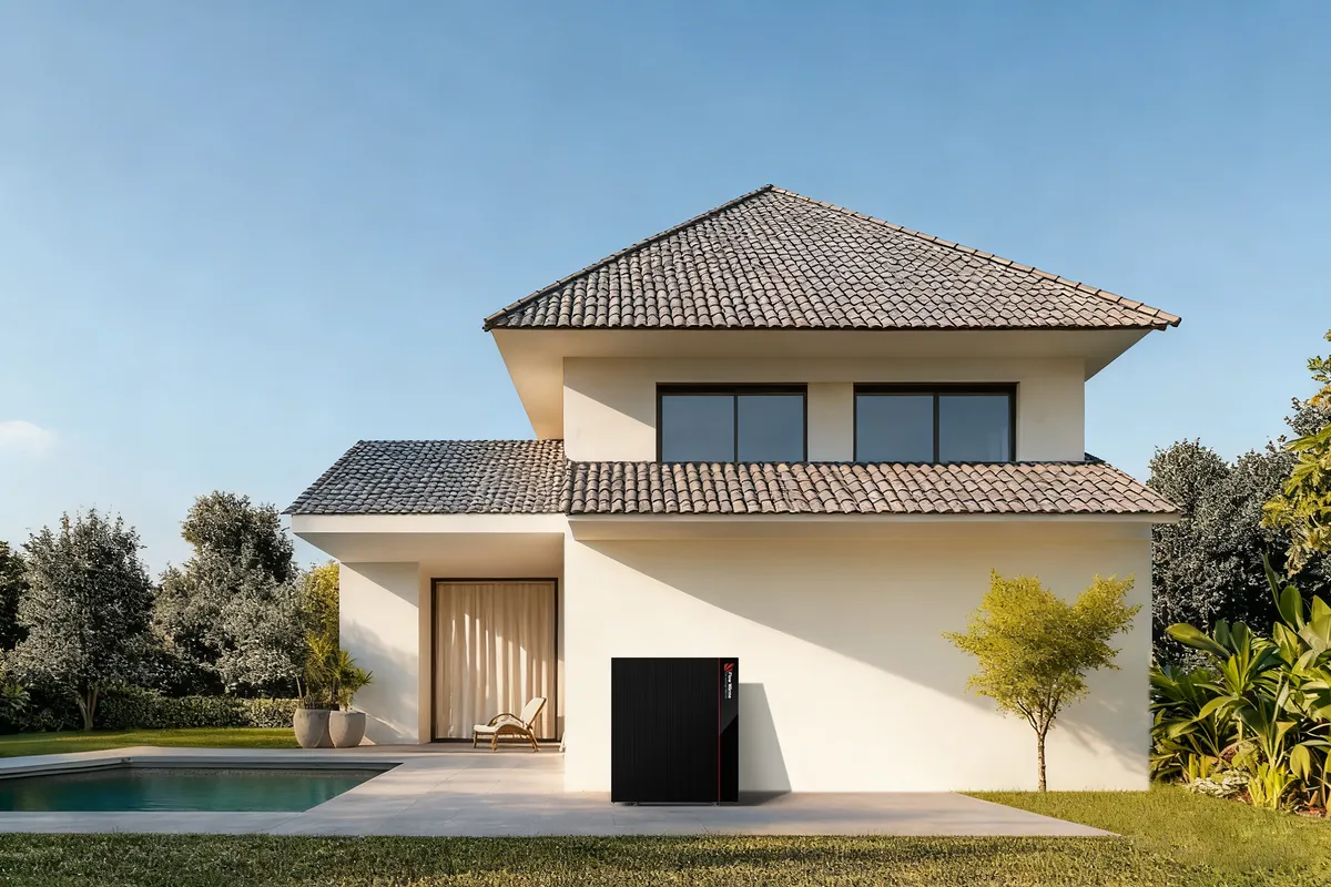 Aura Premium Monobloc R290 installiert an einem modernen Einfamilienhaus
